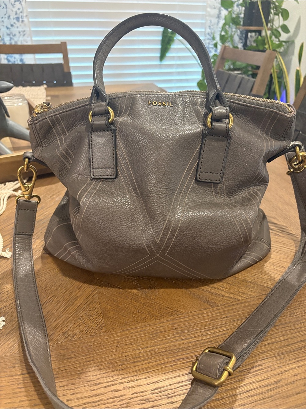 Fossil Taupe Leather Satchel with Gold Hardware